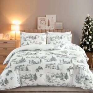 BBTHINGS Grey Christmas Comforter Set Queen Size,Toile Christmas Tree Deer Snowman Village Comforter,3 Pieces Soft Microfiber Bedding Set for All Season 90"x90"