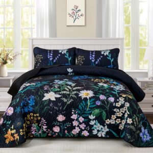 BBTHINGS Floral Quilt Set Queen Size, Black Orange Botanical Bedspreads Bedding Set