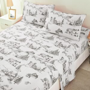 BBTHINGS Christmas Sheet Set Queen 4 Piece Christmas Deer and Tree Bed Sheet Soft Microfiber Deep Pocket Bedding Sheets Queen with 1 Fitted Sheet, 1 Flat Sheet, 2 Pillowcases