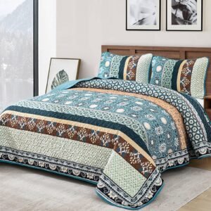 BBTHINGS Grayish Blue Boho Quilt Set Queen Size